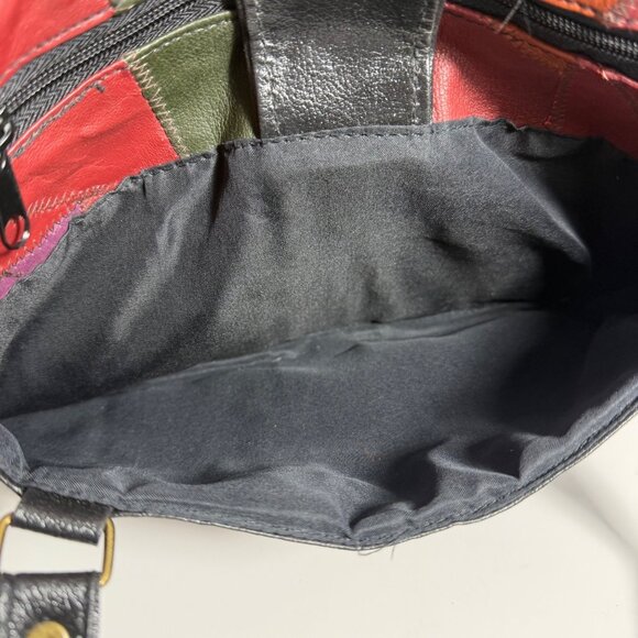 Vintage 80s Crazy Quilt Patchwork Leather Woven Detail Triple Entry Shoulder Bag - Picture 14 of 15